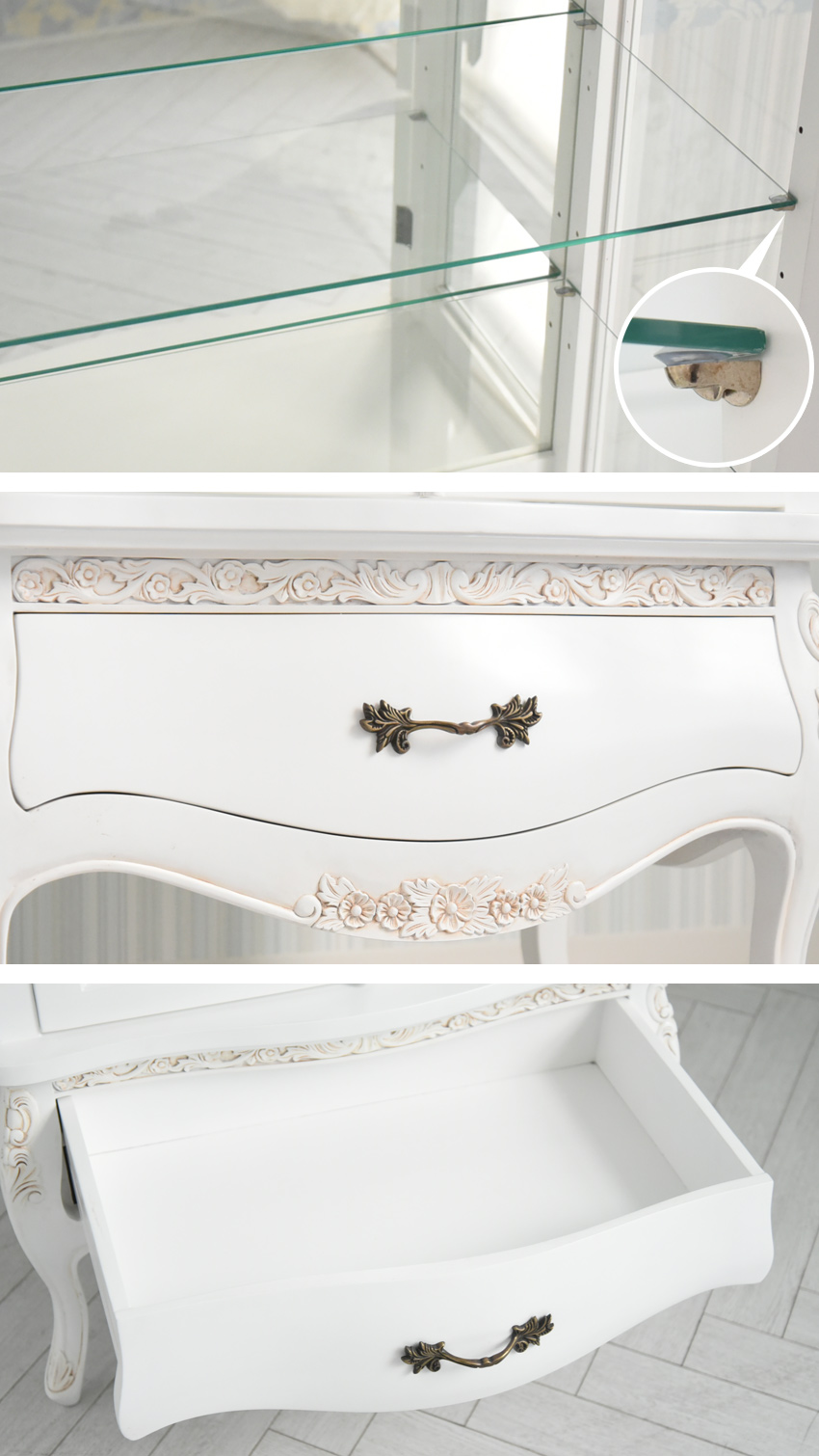 ジュリア ガラスキャビネット 猫脚 ホワイト 幅79cm | ロココ調家具