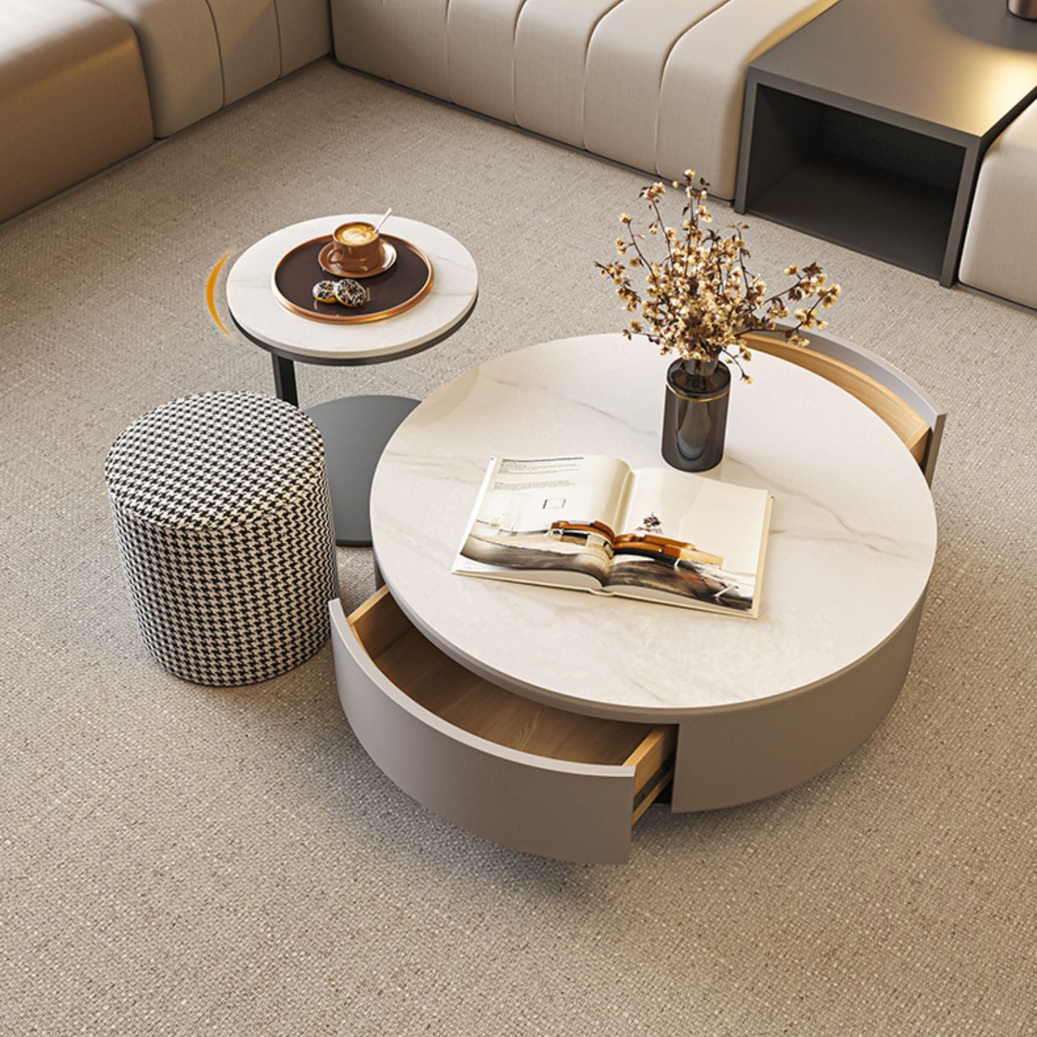 センターテーブル セラミック天板引き出し収納付き- 高級感漂うモダン