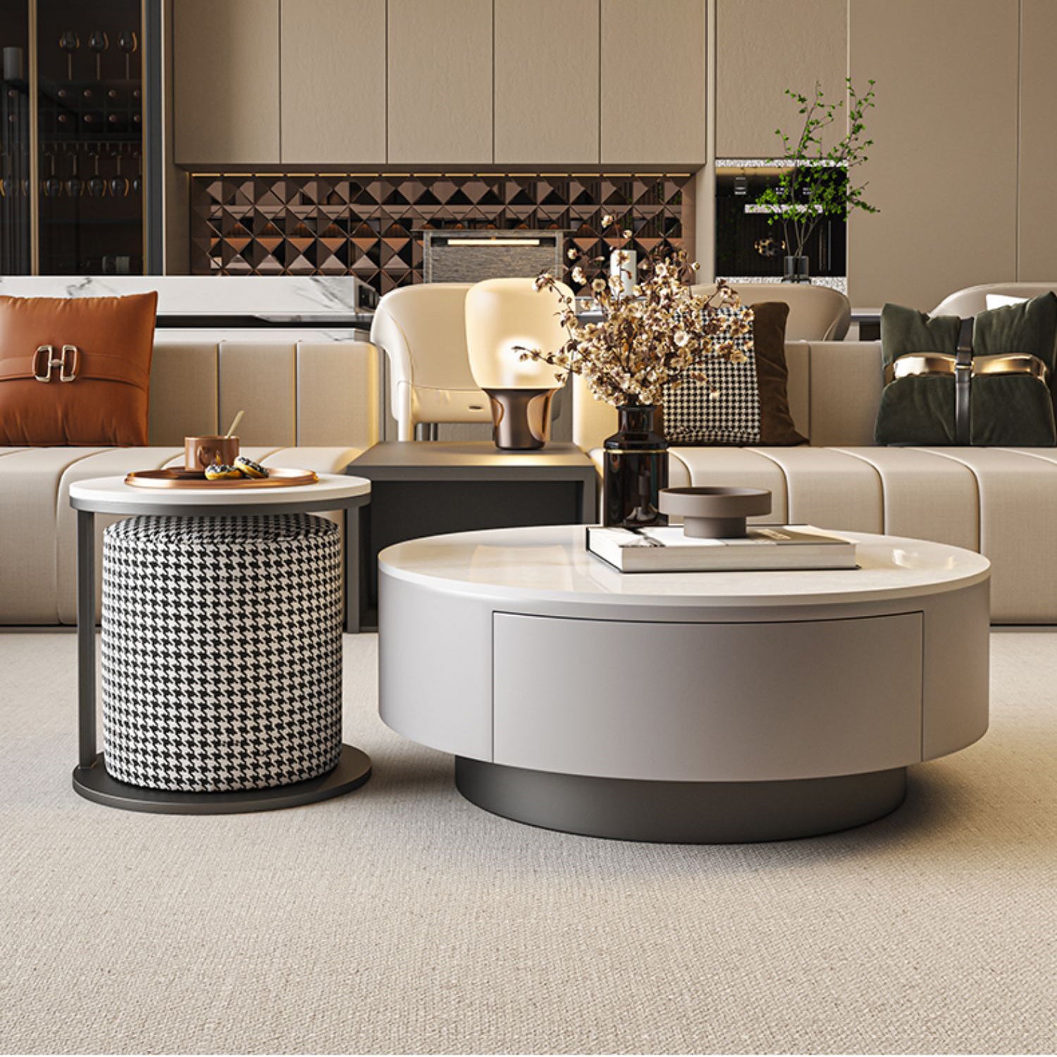 センターテーブル セラミック天板引き出し収納付き- 高級感漂うモダン