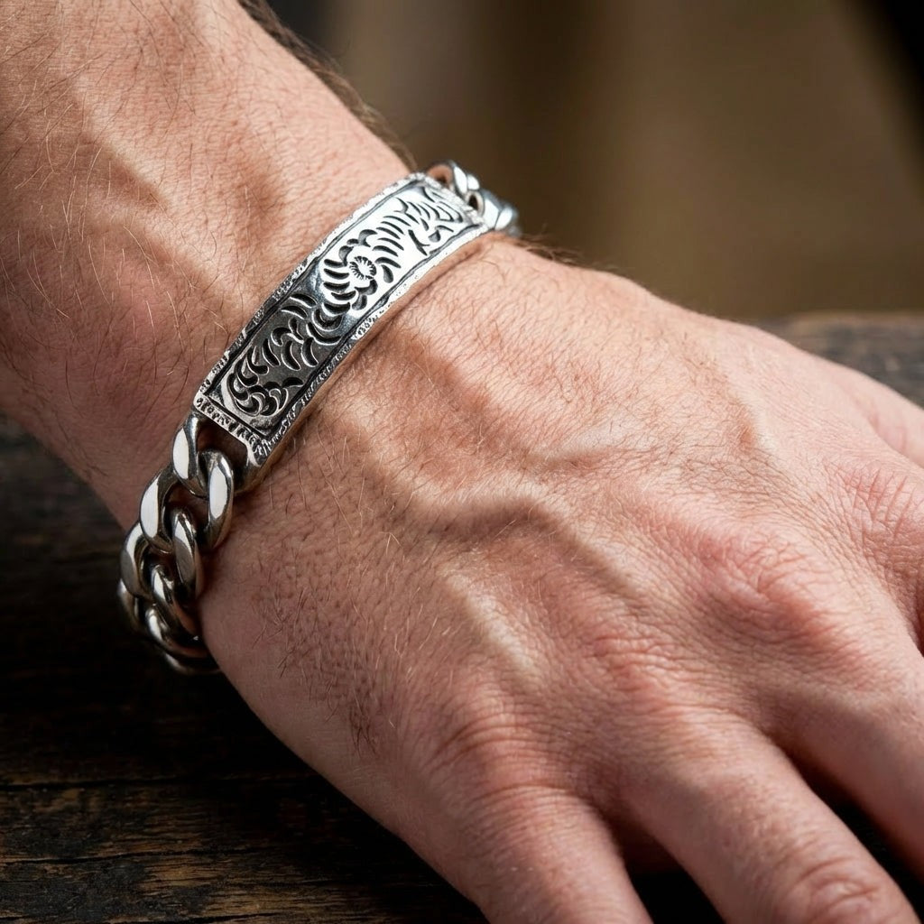 部族風ハンマー仕上げ 925スターリングシルバー メンズIDブレスレット
