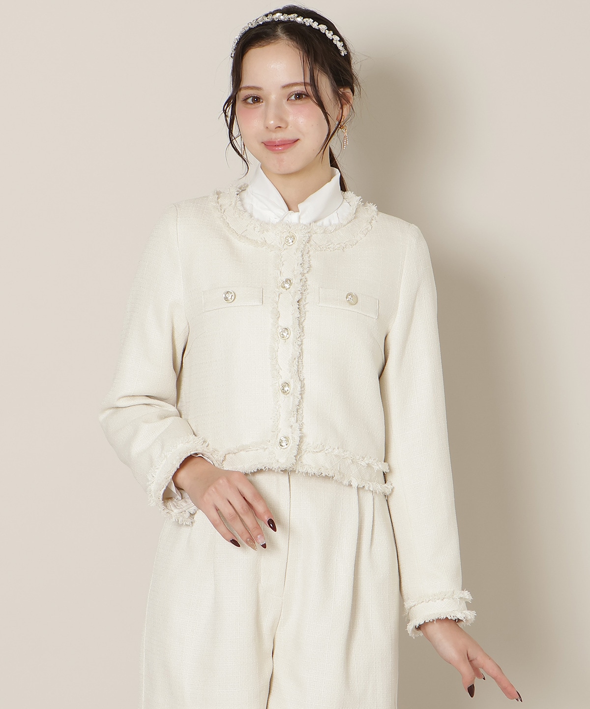 ノーカラーフリンジツイードジャケット(F ホワイト): WILLSELECTION