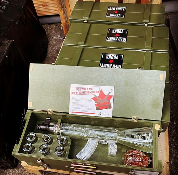 The Red Army Kalashnikov AK47 vodka is presented in a spectacular