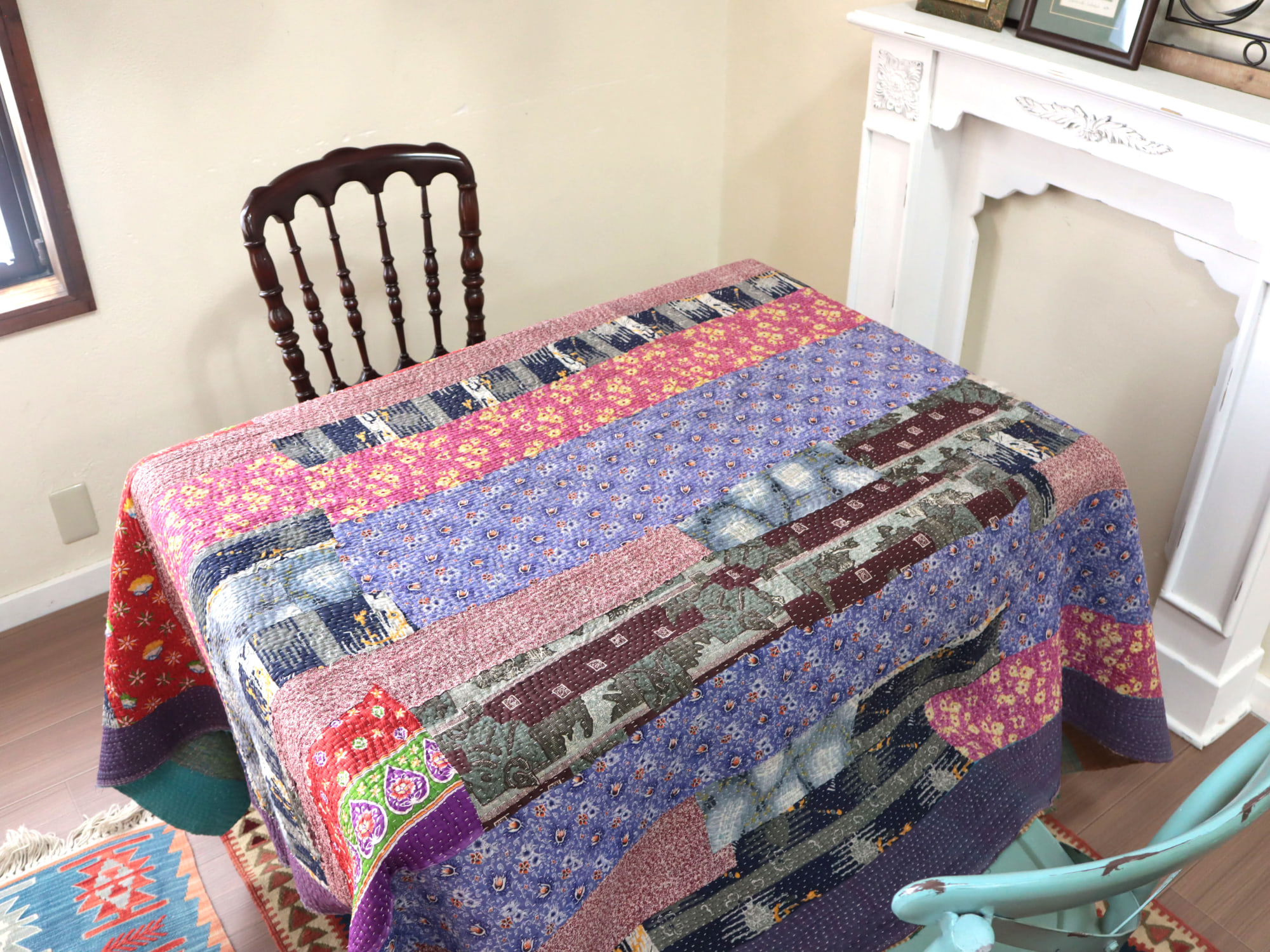 カンタ刺繍 ラリーキルト インドの古布210×152cm パープル系のパッチ