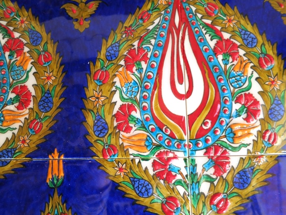 トルコ伝統柄・手書きタイル6枚パネル額装コバルトブルー/アーモンド