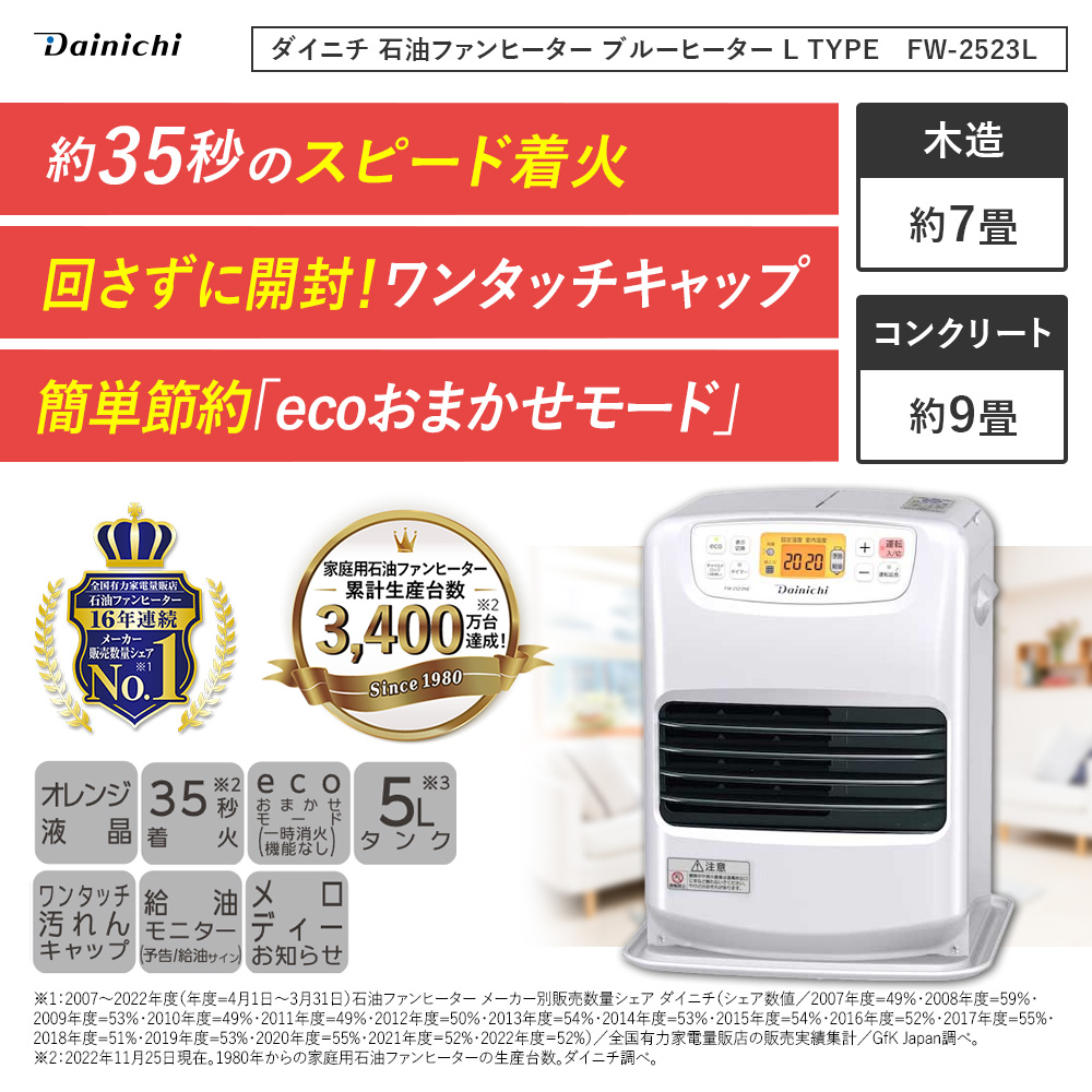ダイニチ 石油ファンヒーター ホワイト 0003320 FW-2523NE-Wの通販