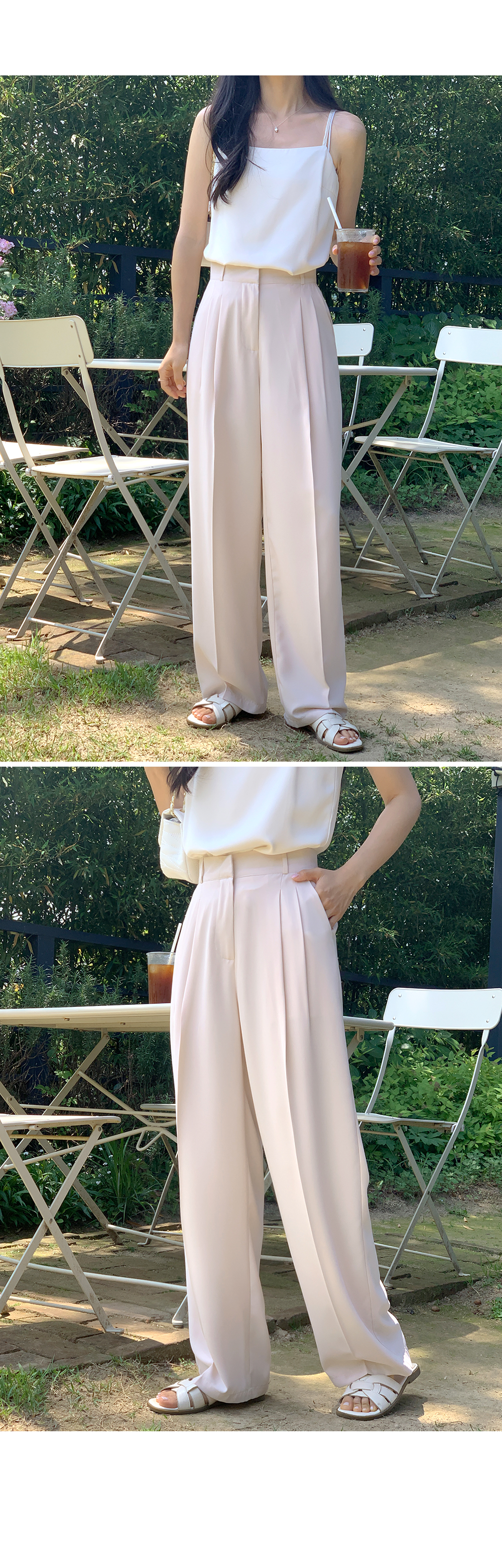 ロングワイド💙ウエストゴムパンツ] 冷感ツーピンタックウエストゴム