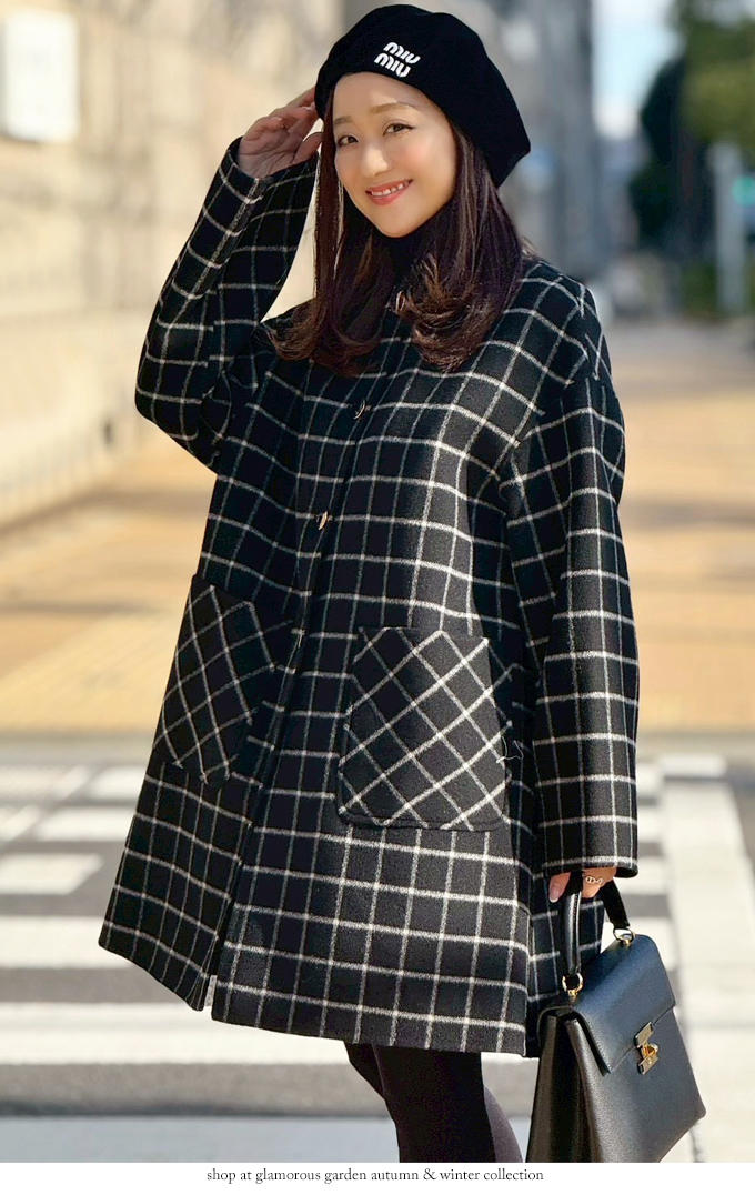 チェック柄リバーノーカラーコート【7f-146-07002】