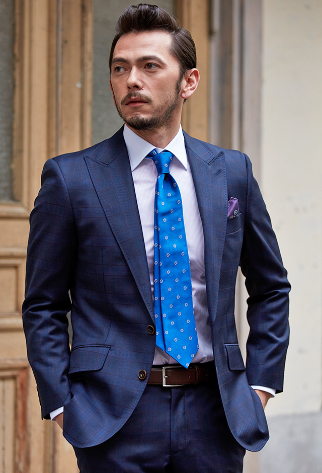 ネイビースーツ・チェックのコーディネート（Savile Clifford）｜X1416