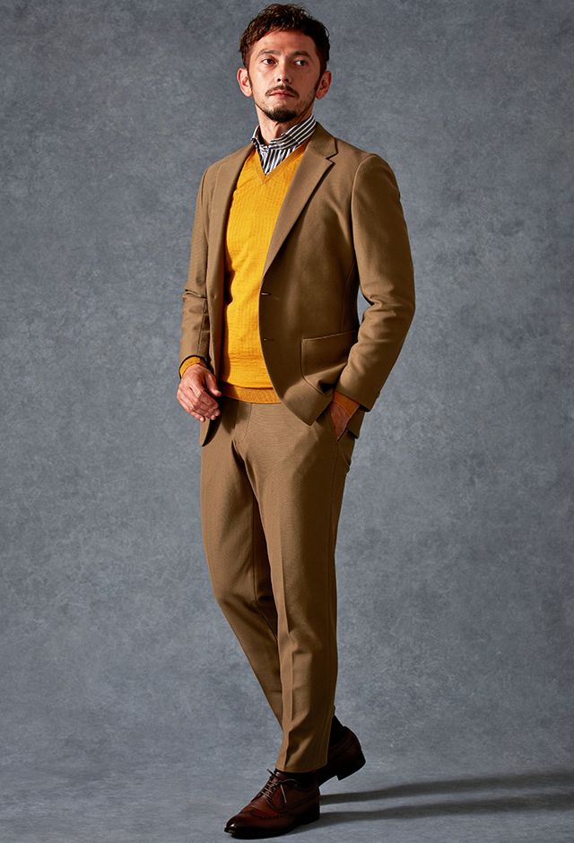 グリーン・カーキセットアップ・無地のコーディネート（SET UP FABRIC