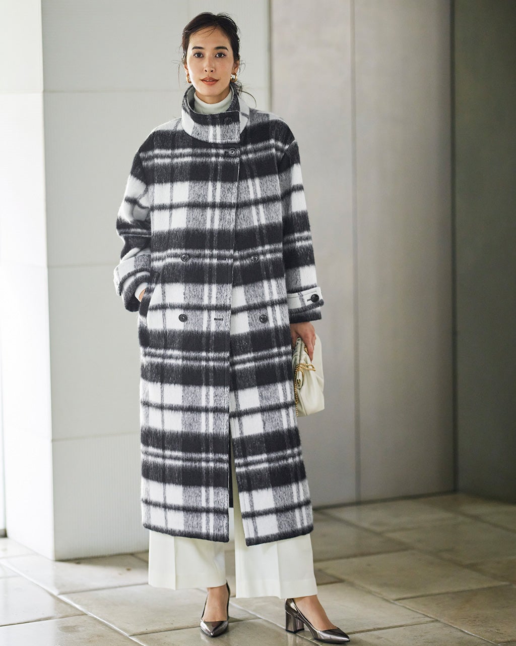 シャギーチェック・スタンドカラーコート/DoCLASSE