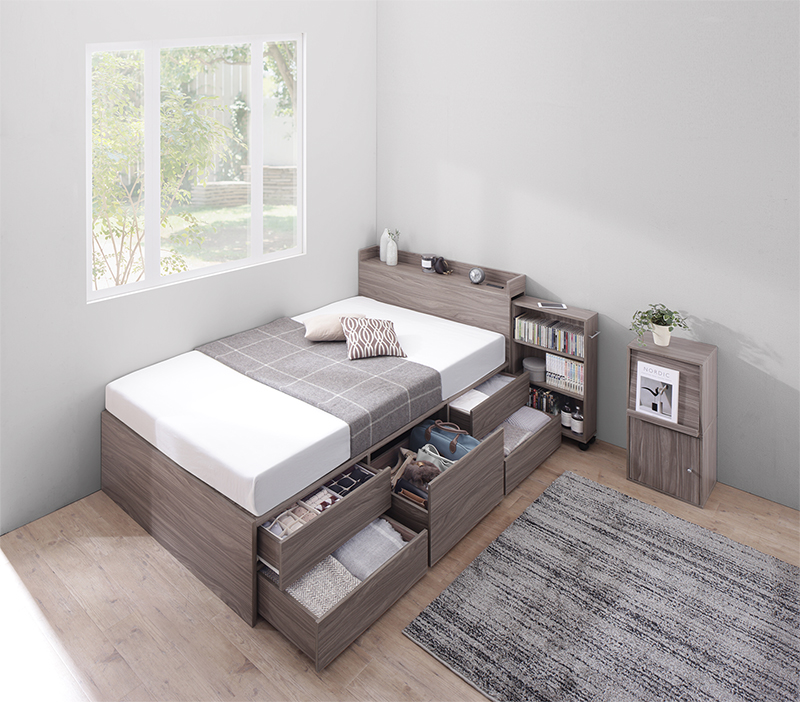 天然木調スライド収納付き 大容量チェストベッド Every-IN2 エブリー
