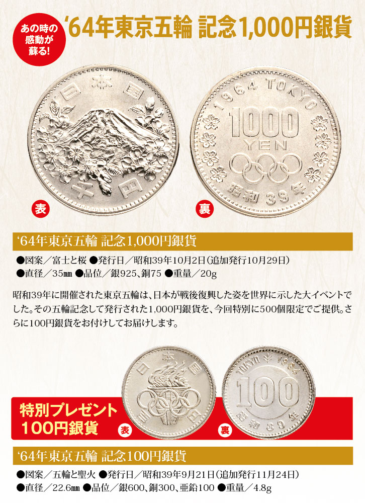 1964年東京五輪記念1,000円銀貨セット (100円銀貨付き) - 三宝堂
