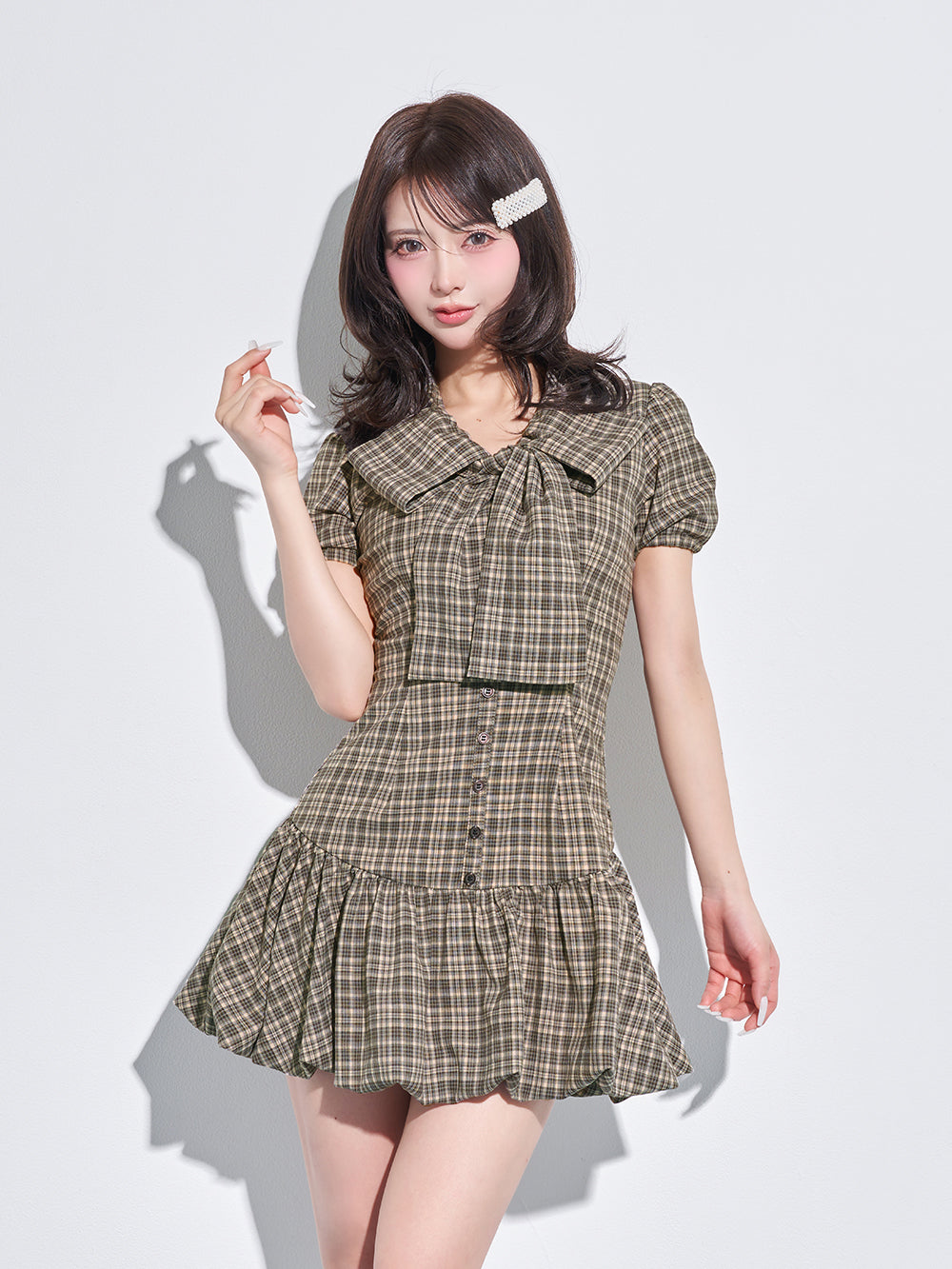 ビッグリボンバルーンチェックミニワンピース – Darich (ダーリッチ)