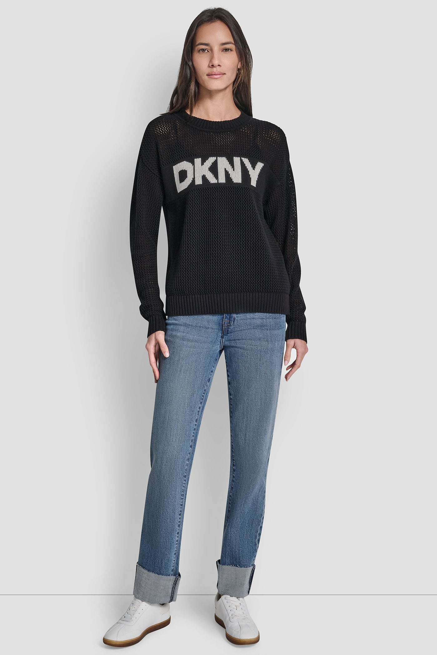Crew Neck Pointelle Logo Sweater | Sweater | DKNY