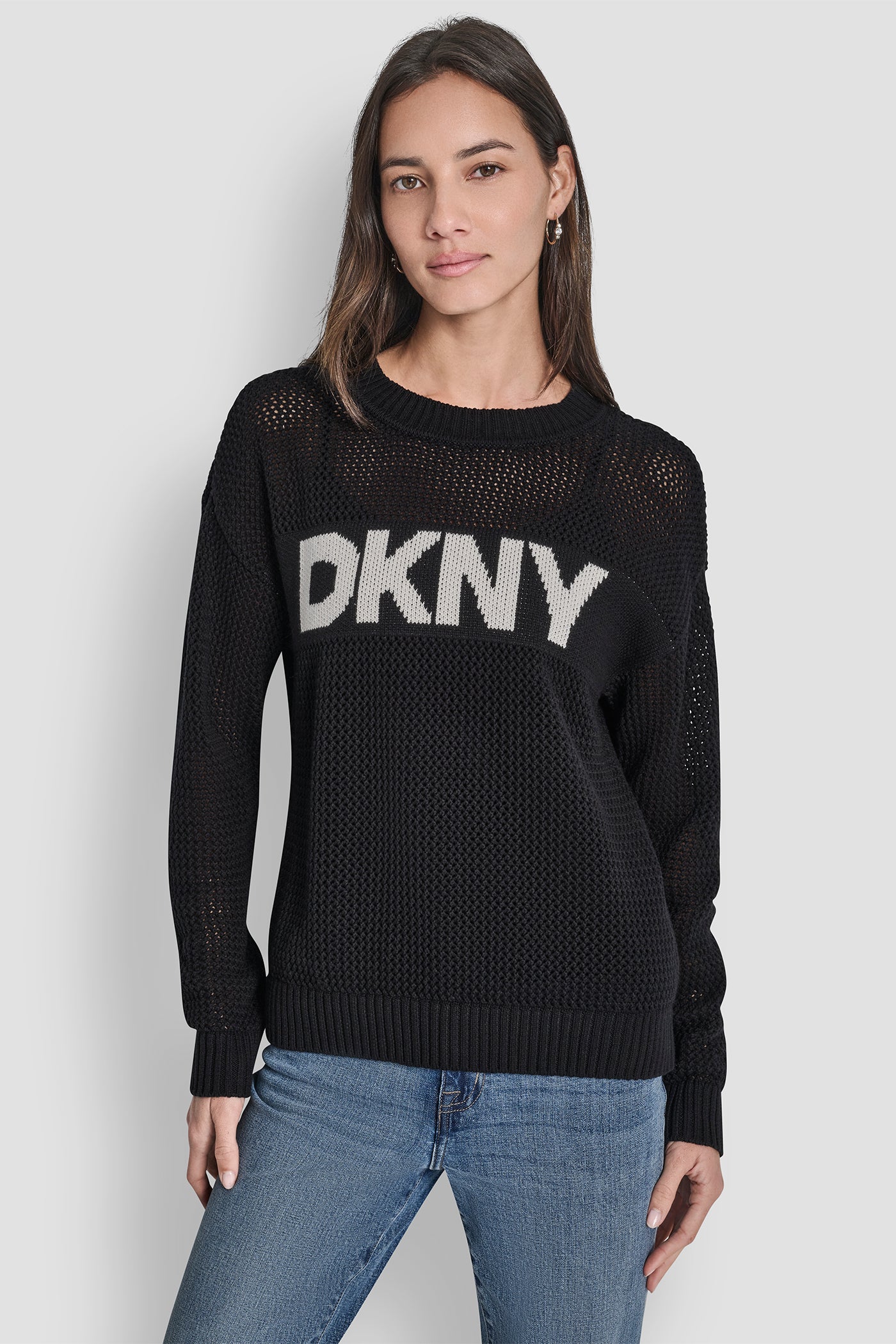 Crew Neck Pointelle Logo Sweater | Sweater | DKNY