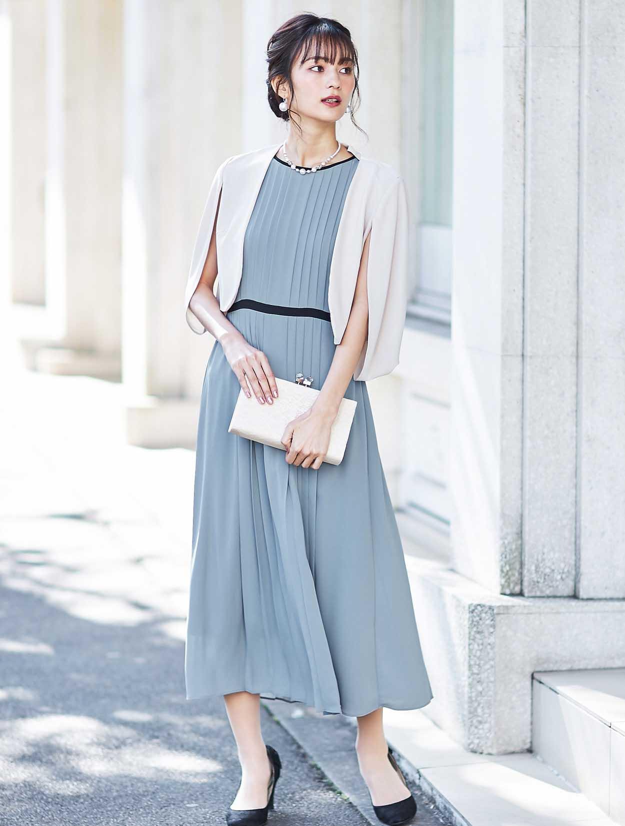 M】配色パイピングプリーツドレス（サックス）DPSET0301のレンタル