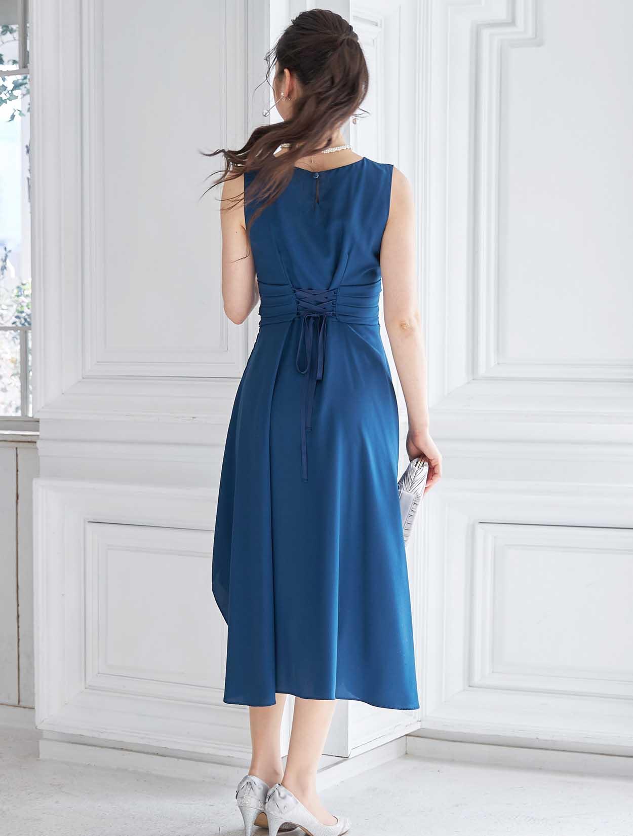 M/L】丈長めジョーゼットレースアップドレス（ブルー）DPSET0155の