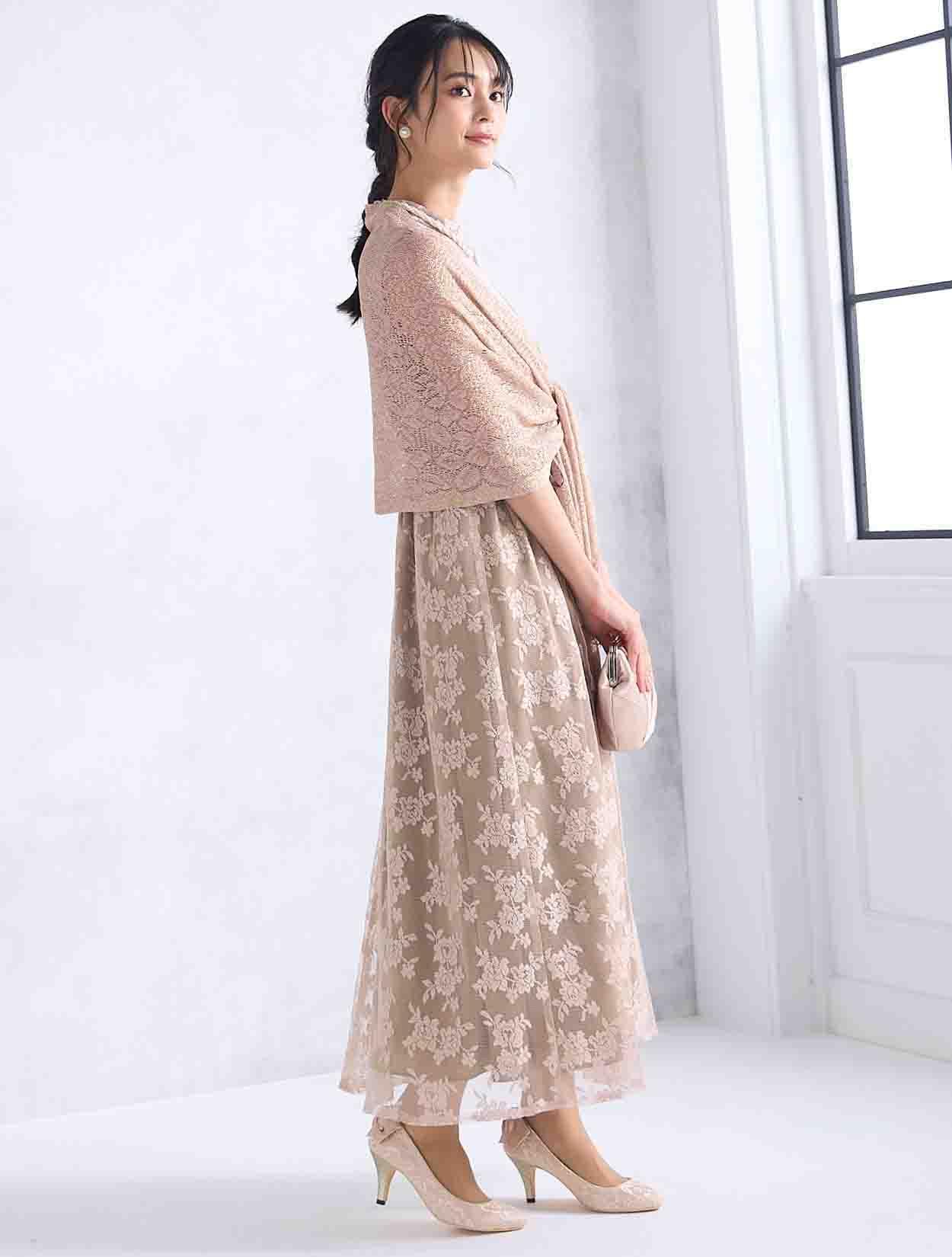 M】メッシュレース配色ドレス（ベージュ）DPSET0496のレンタルページ