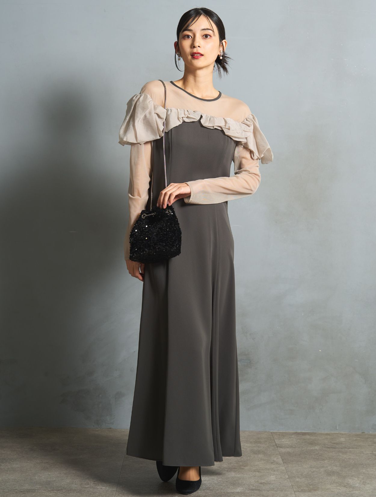 M/L】ラッフルフリルロングスリーブドレス（スモークグレー）DPSET0758