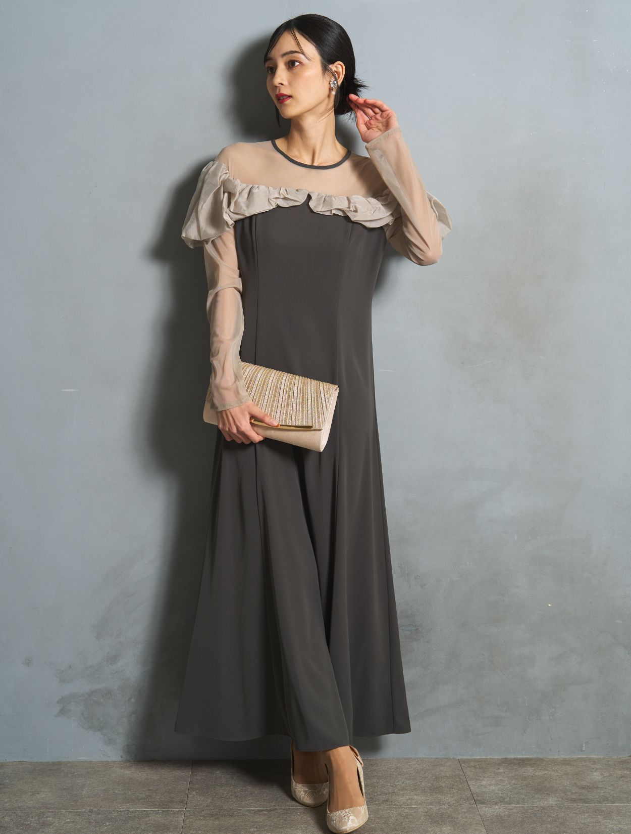 M/L】ラッフルフリルロングスリーブドレス（スモークグレー）DPSET0759