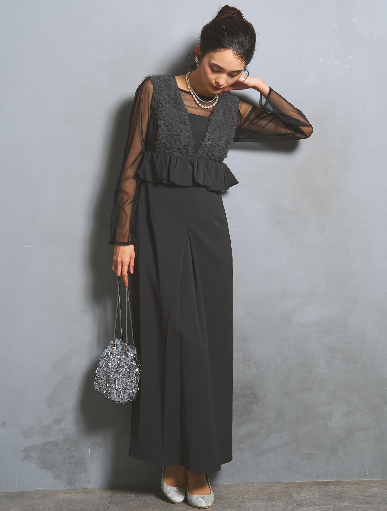 S/M/L】シアーブラウス付きVネックチュールドレス（グレー）DPSET0902