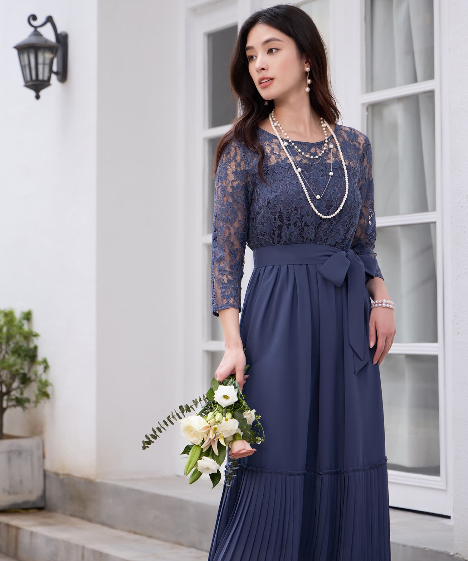 レース×プリーツのパーティーワンピースcy88665 コバルトブルー