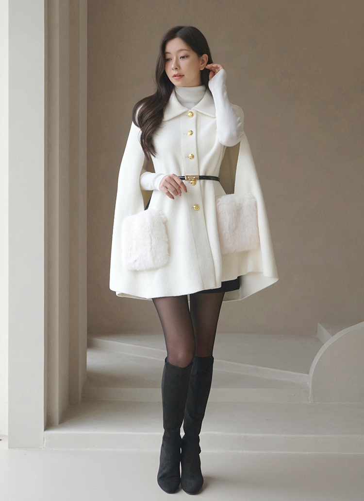 ベルト付カラーネックエコファーポケットケープコート | レディース