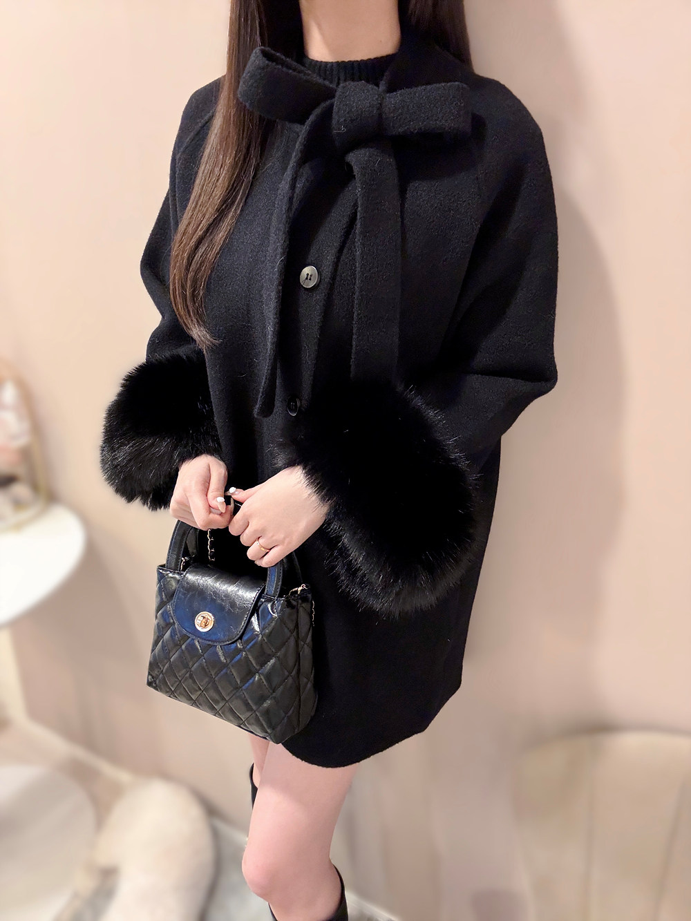 エコファー付リボンネックハーフコート | レディースファッション通販