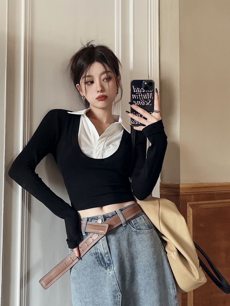 シャツレイヤード風クロップドニット | レディースファッション通販