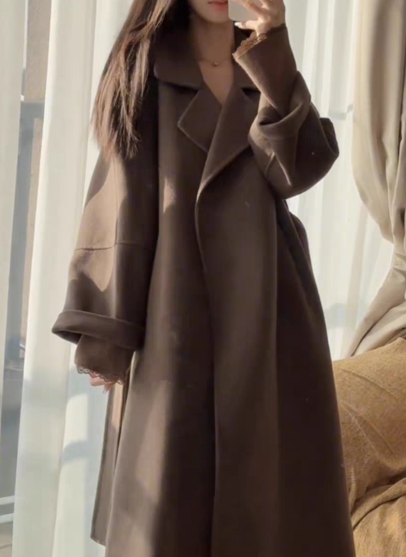 ストラップ付ウールオープンロングコート | レディースファッション