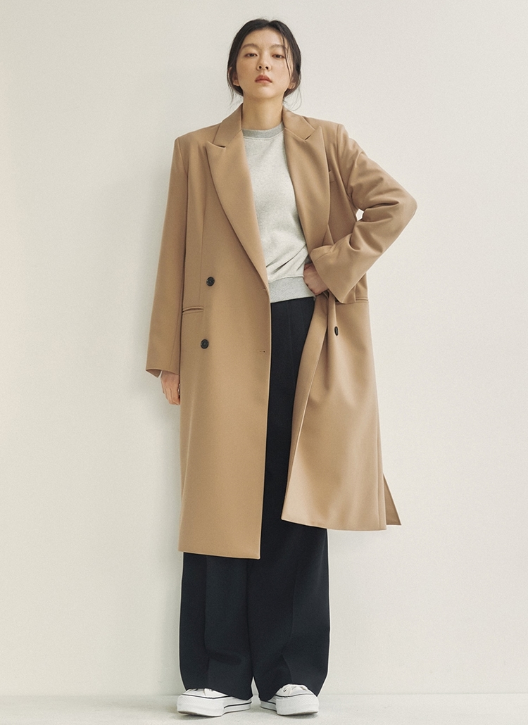 ベルト付ダブルボタンロングコート(ベージュ) | レディース