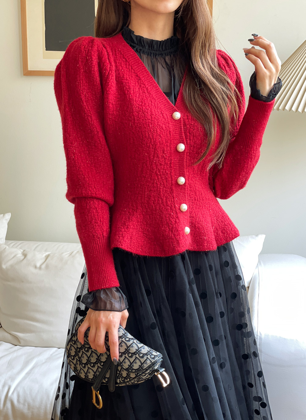 グリッターリンクルペプラムカーディガン | レディースファッション