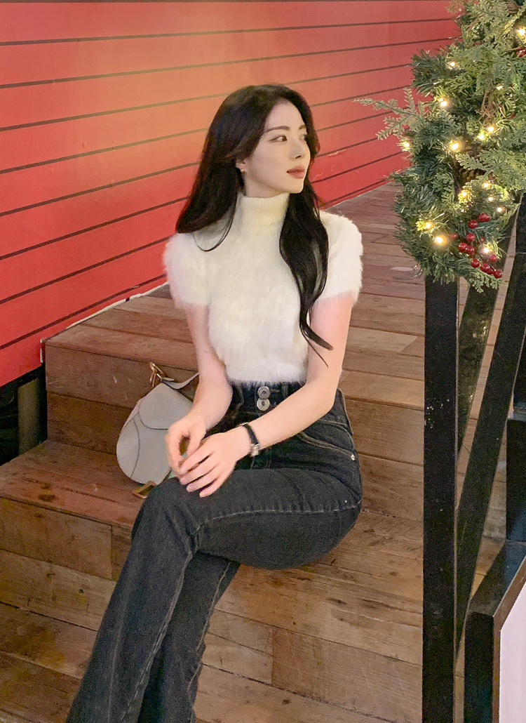 アンゴラブレンドファータートル半袖ニット | レディースファッション