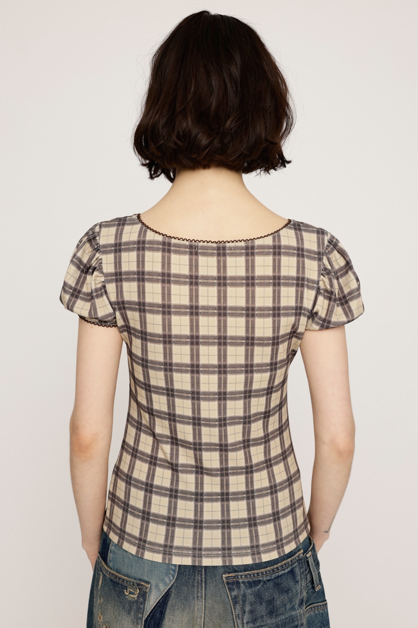 SLY | CHECK PRINT PUFF SLEEVE トップス (Tシャツ・カットソー(半袖