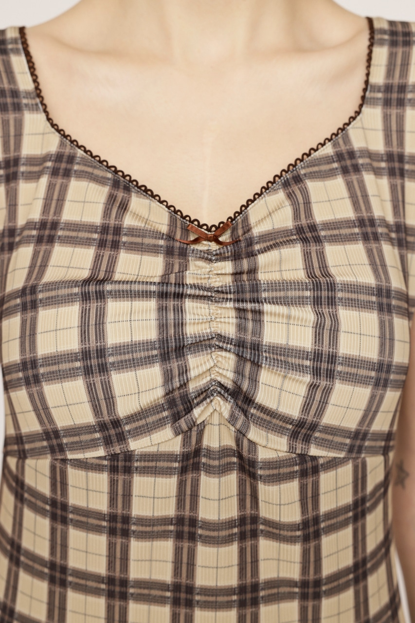 SLY | CHECK PRINT PUFF SLEEVE トップス (Tシャツ・カットソー(半袖