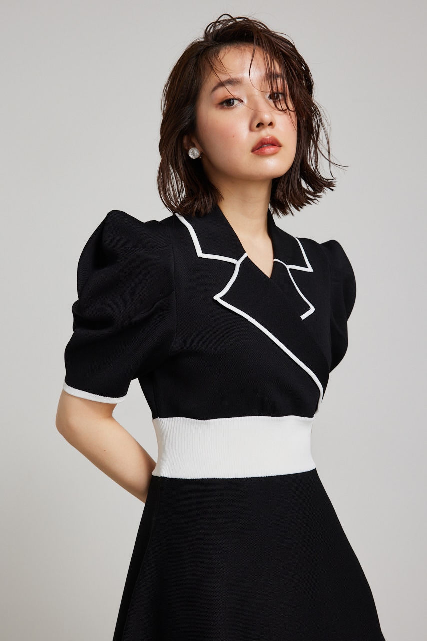 rienda | テーラードカラーミニフレアハーフスリーヴニットワンピース