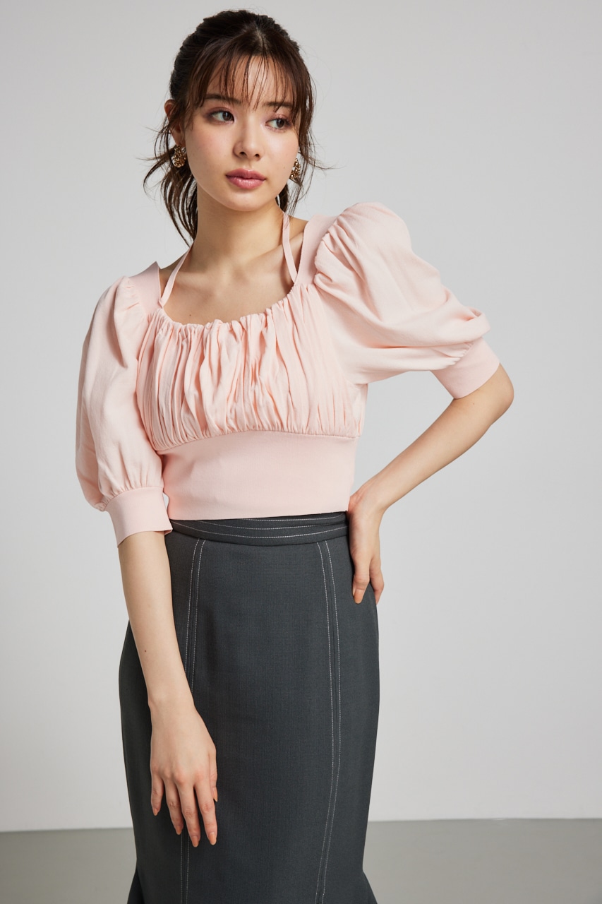 rienda | バストギャザークロップハーフSLV Knit TOP (ニット ) |SHEL