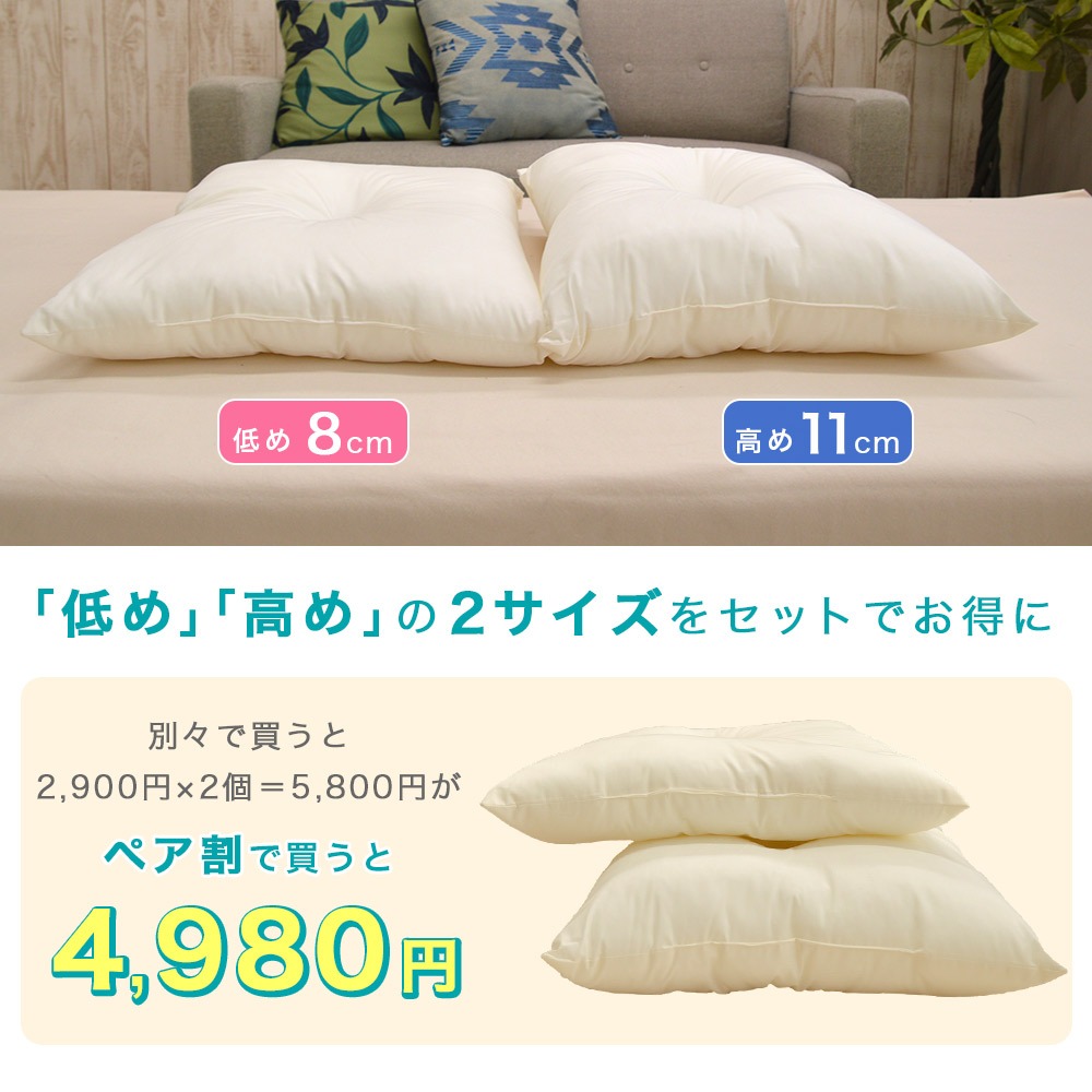 ペア割 2個セット 頸椎サポート くぼみ型 ウォッシャブル枕 43×63cm