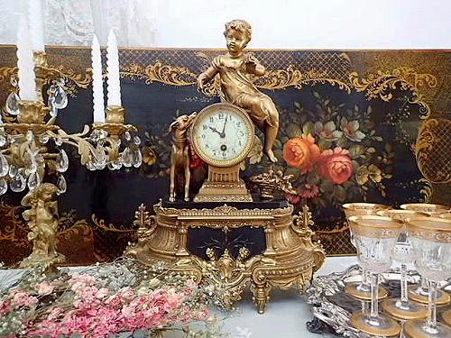 幻想 19世紀 天使のマントル置時計 - 薔薇と天使のアンティーク