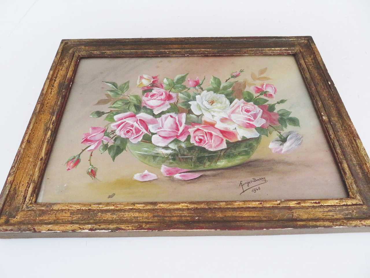 フランス水彩画 『薔薇のある風景』 - 薔薇と天使のアンティーク