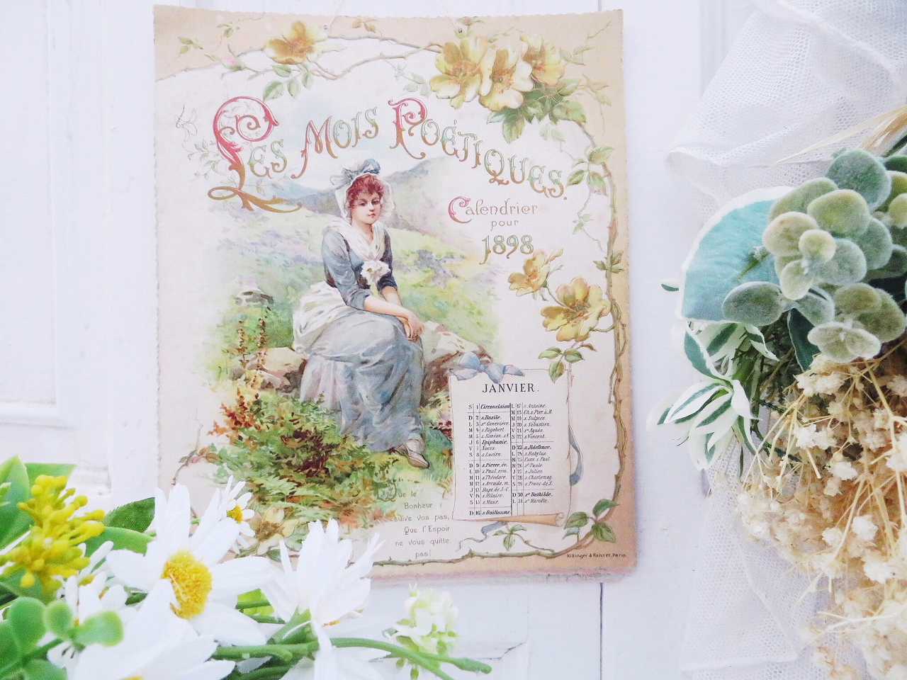 ヴィクトリアン 石版印刷 カレンダー『四季』 - 薔薇と天使のアンティーク