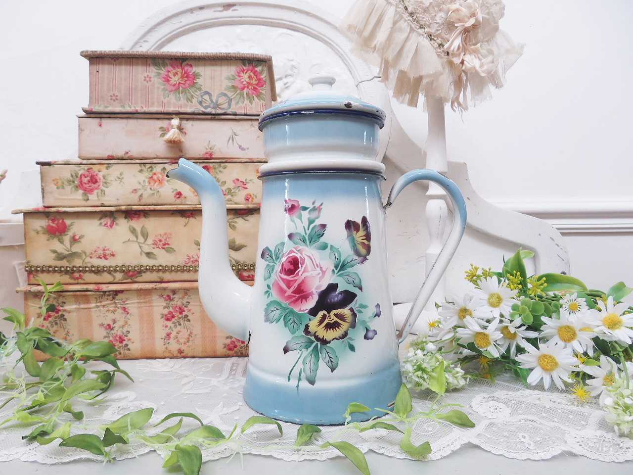 Japy 薔薇とパンジー 2段 コーヒーポット - 薔薇と天使のアンティーク