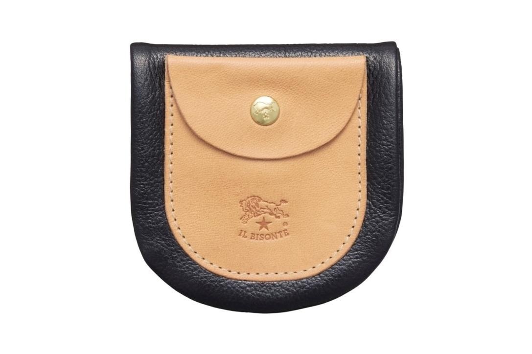 イル ビゾンテ24年秋冬のポケット付き財布、ヌメ革×黒レザーの3つ折り