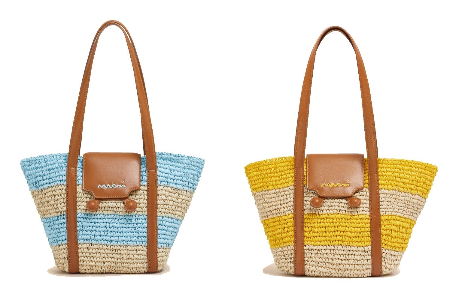 マルニの夏色ボーダー柄「トランカルー」かごバッグ、牛革とラタン編み