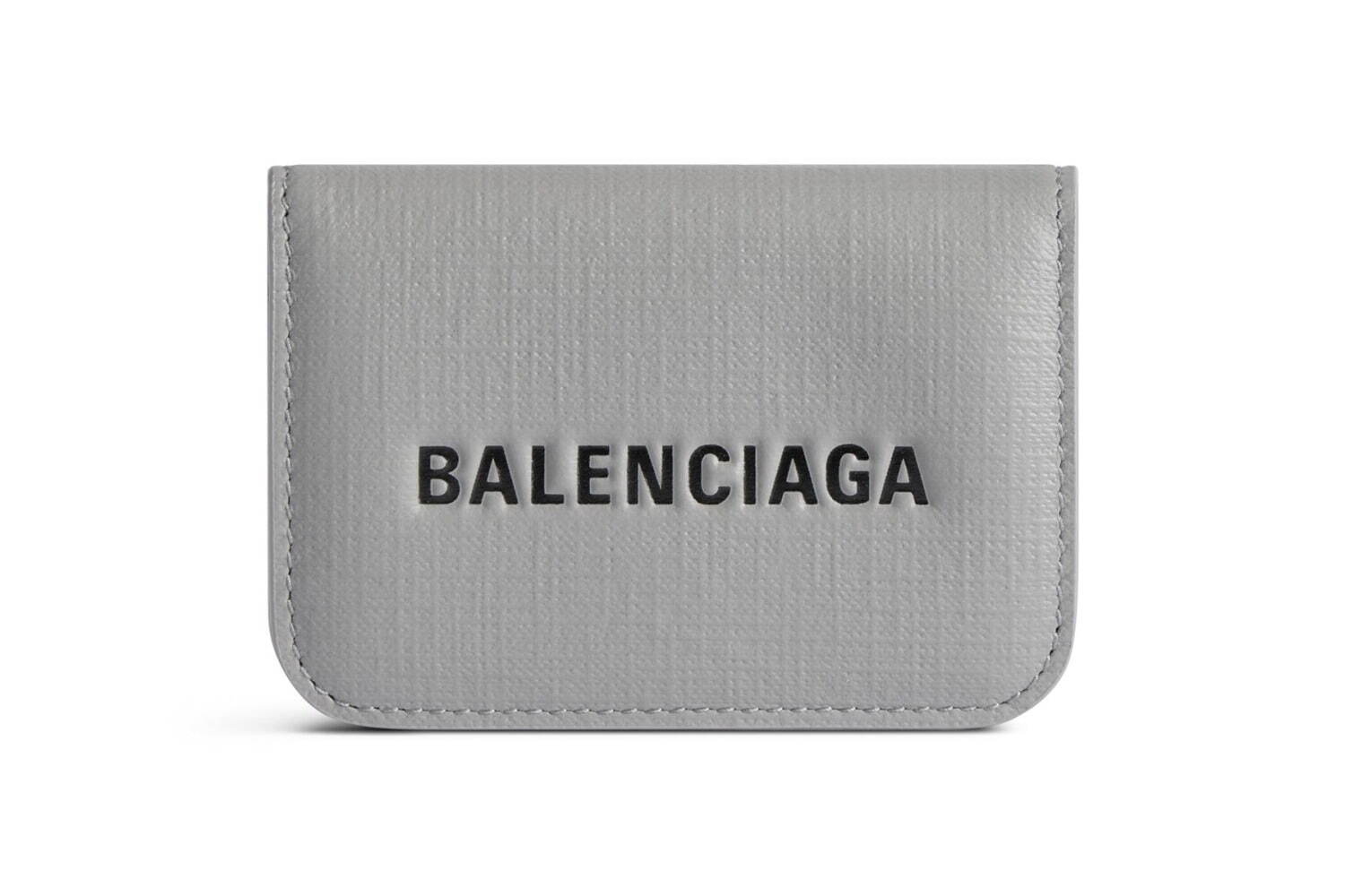 バレンシアガのロゴ入りレザーグッズ、ライトグレーのミニ財布や