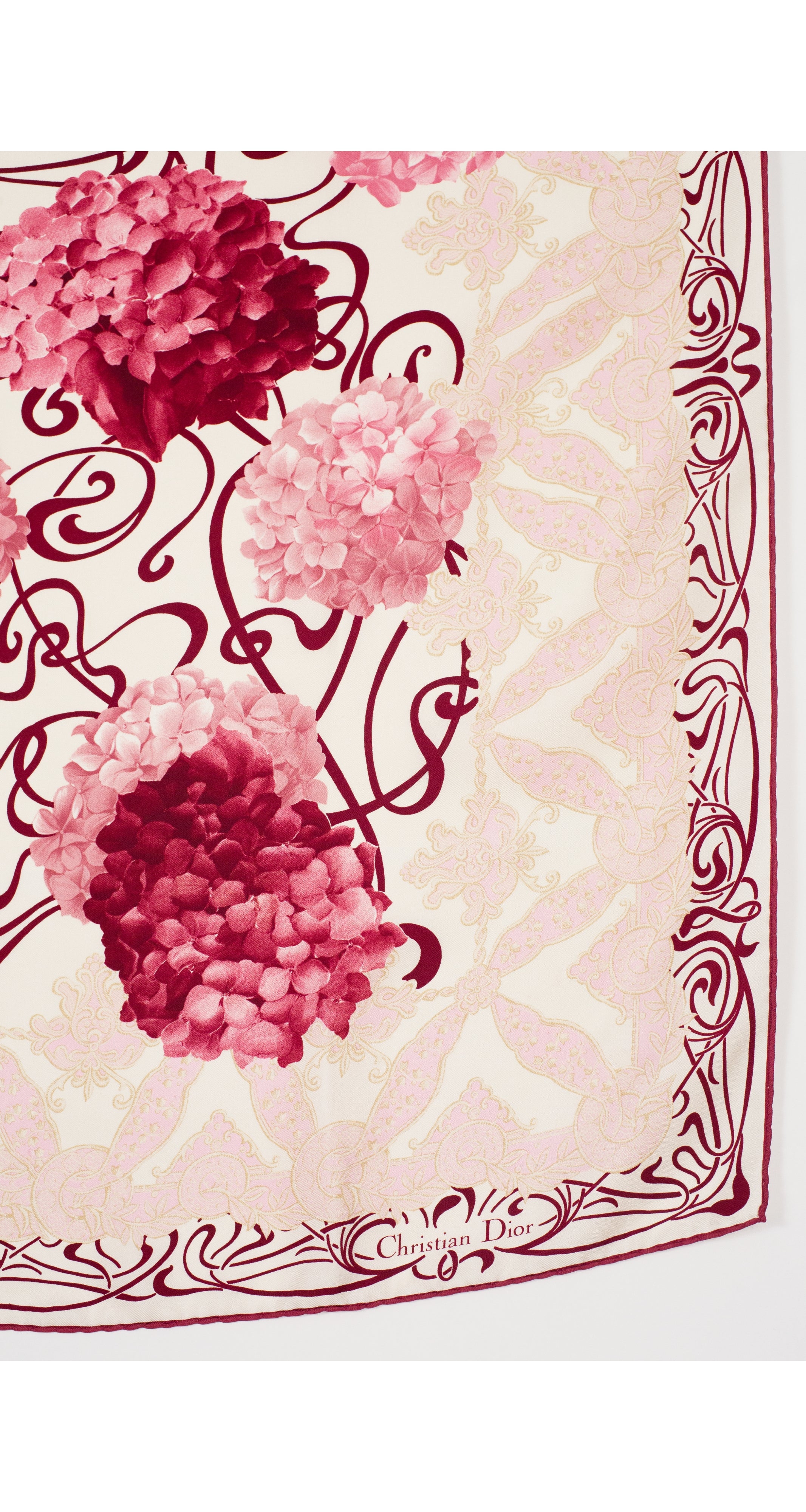 Christian Dior 1990s Art Nouveau Hydrangea Print Silk Twill Scarf