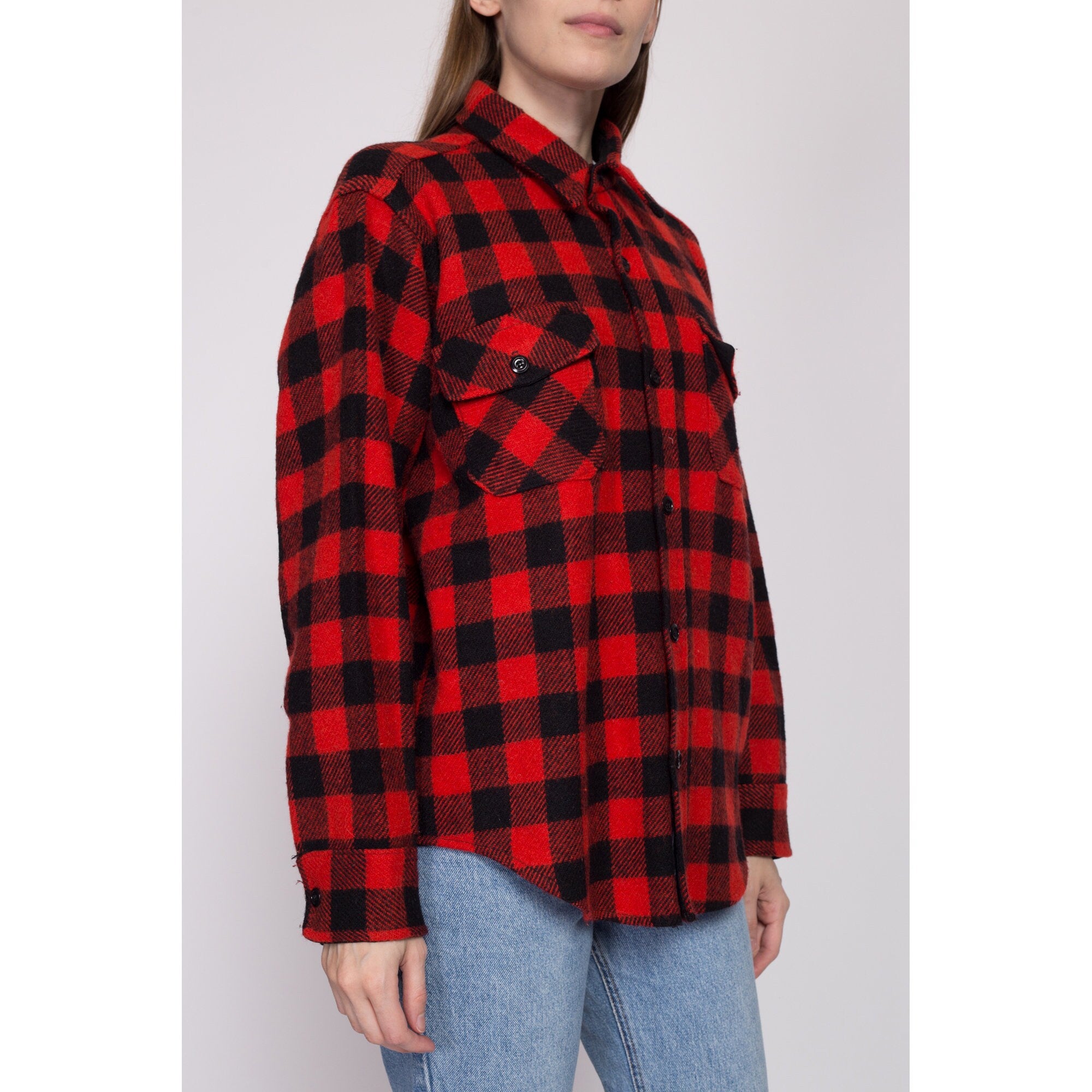 70s Melton Buffalo Plaid Wool Shirt Jacket - Men's Medium, Women's