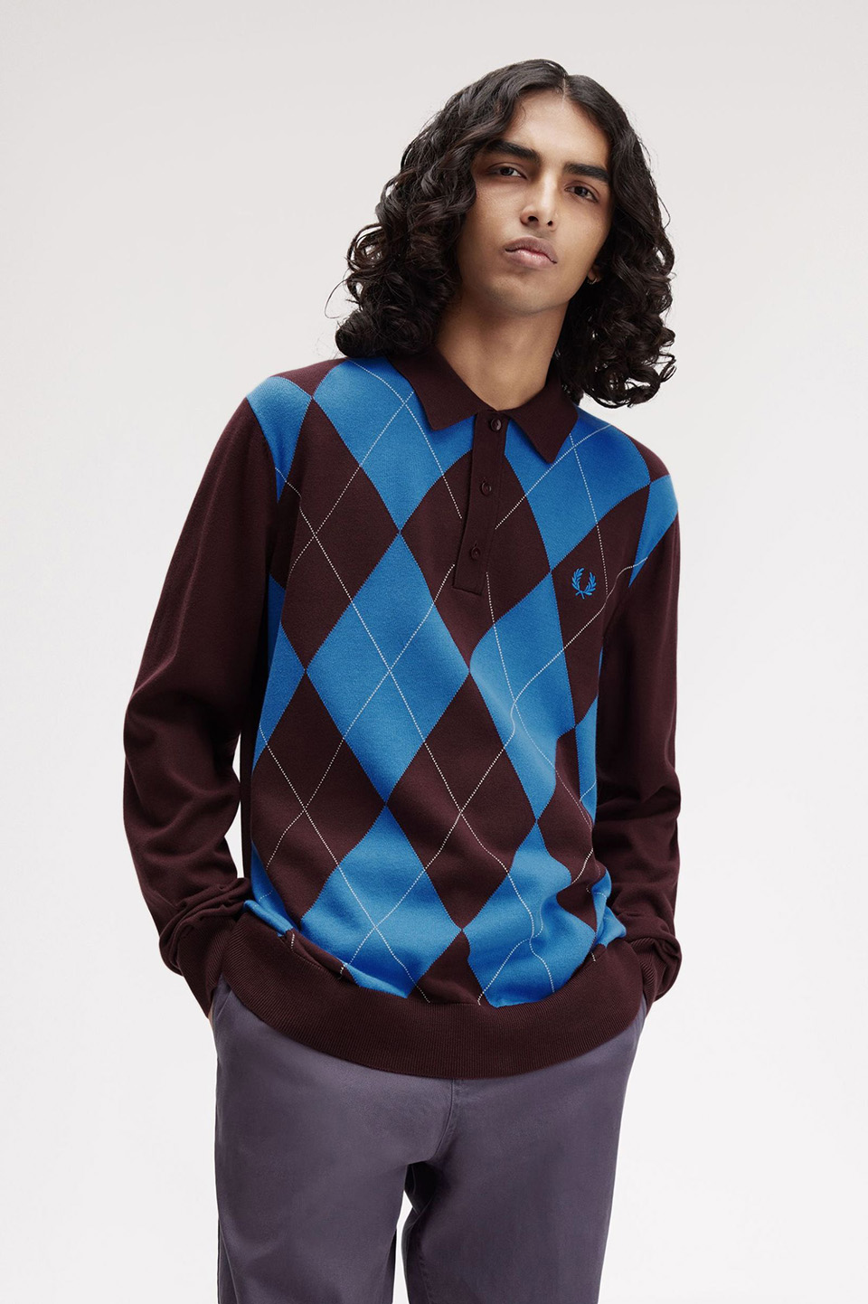Argyle Long Sleeve Knitted Polo Shirt(M 597：OX BLOOD / ECRU