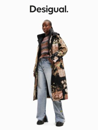 DESIGUAL Fall Winter Long Jacquard Coat Brown Multi