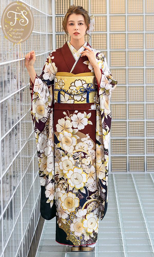 茶系に家紋と桜づくし｜伝統古典 【菊京屋】振袖レンタル 成人式 神戸